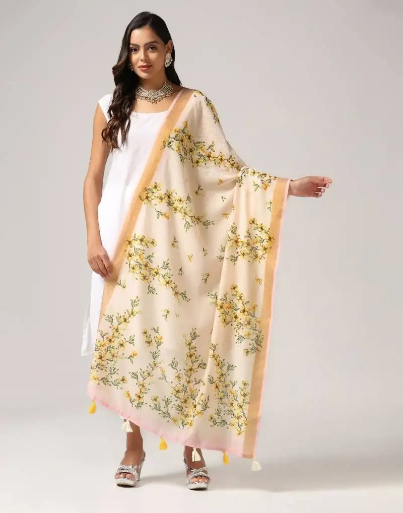 Wevon jari border designer with digital printed cream linen dupatta