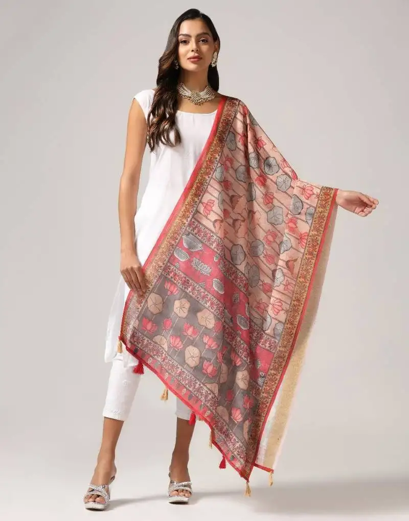 Wevon jari border designer with digital printed pink linen dupatta