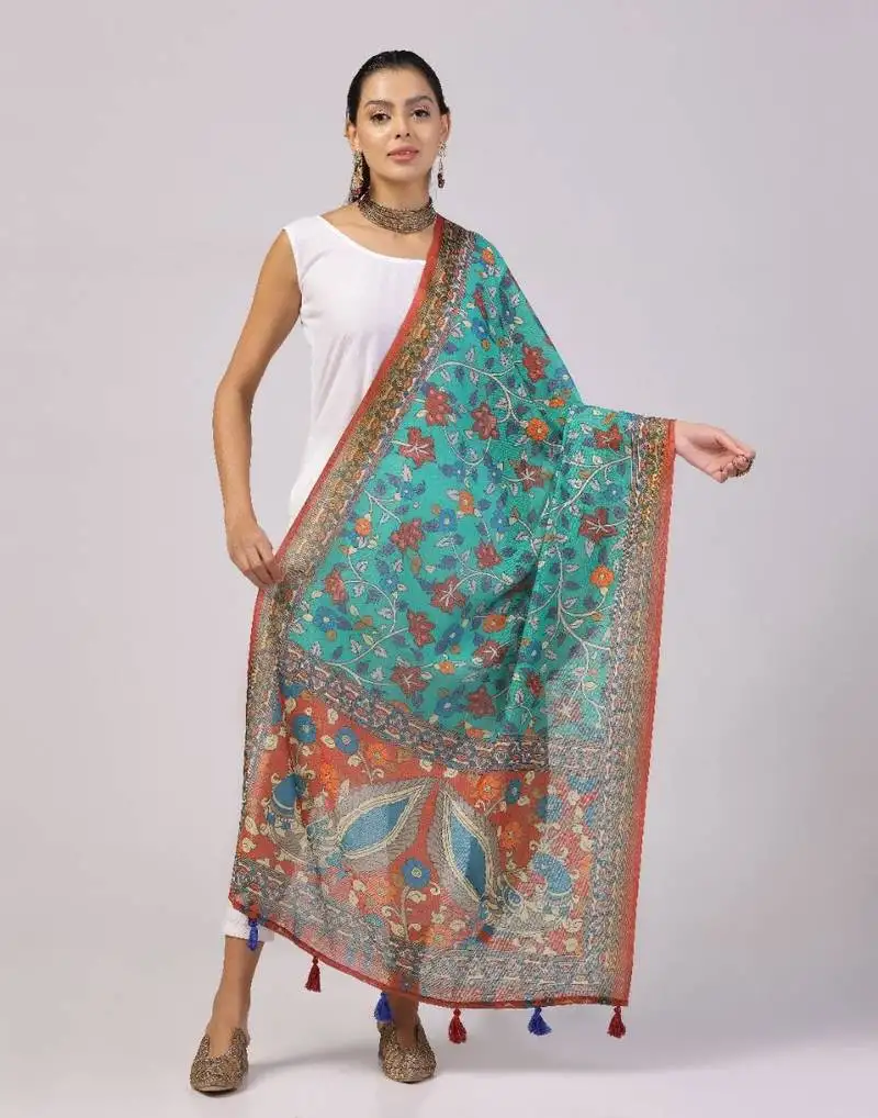 Wevon jari border designer with digital printed sea green linen dupatta