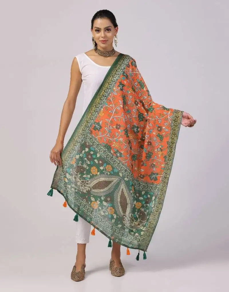 Wevon jari border designer with digital printed orange linen dupatta