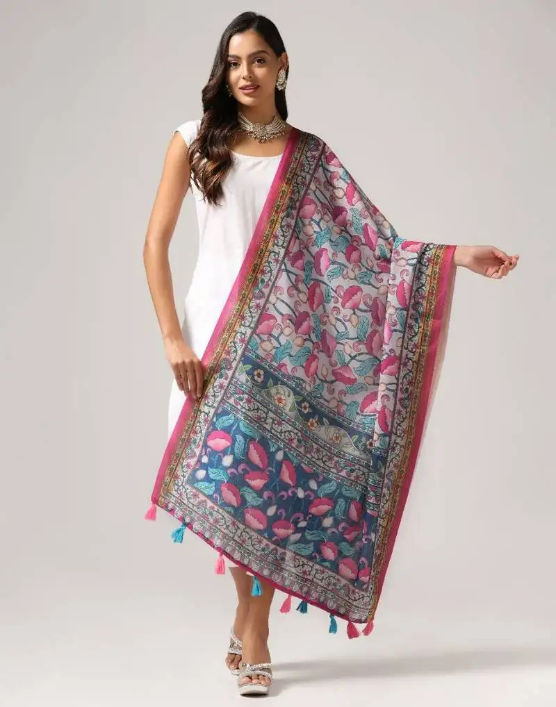 Wevon jari border designer with digital printed grey linen dupatta