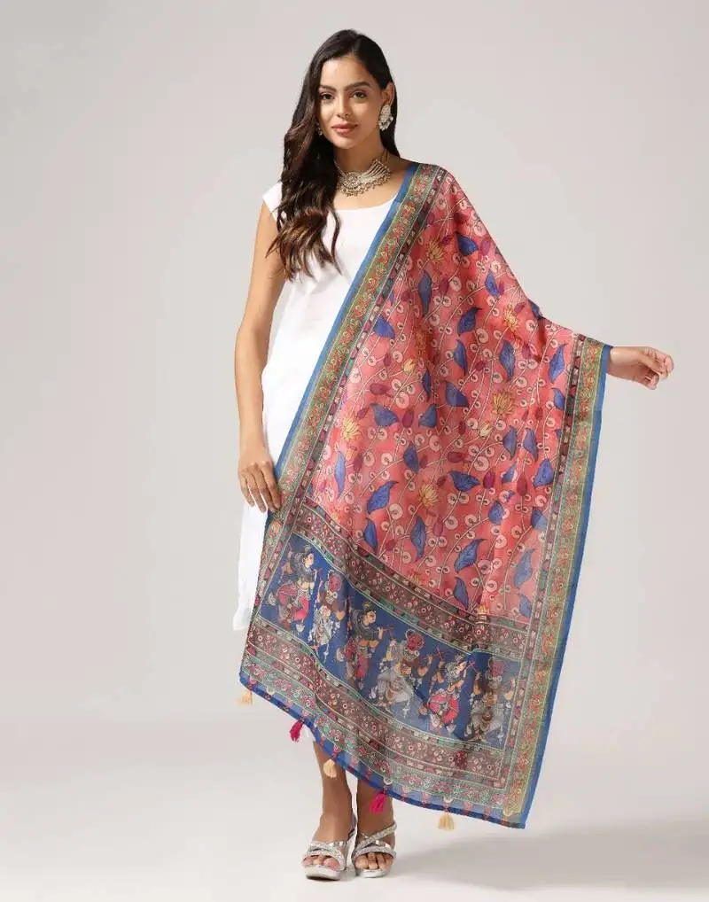 Wevon jari border designer with digital printed rust linen dupatta
