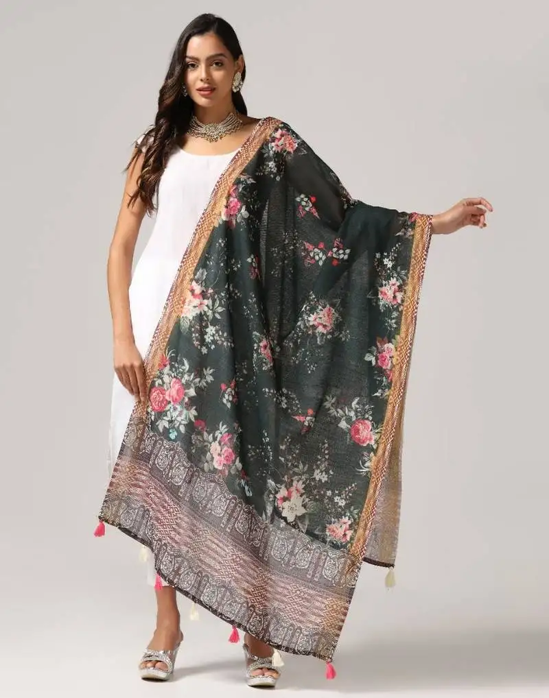 Wevon jari border designer with digital printed black linen dupatta
