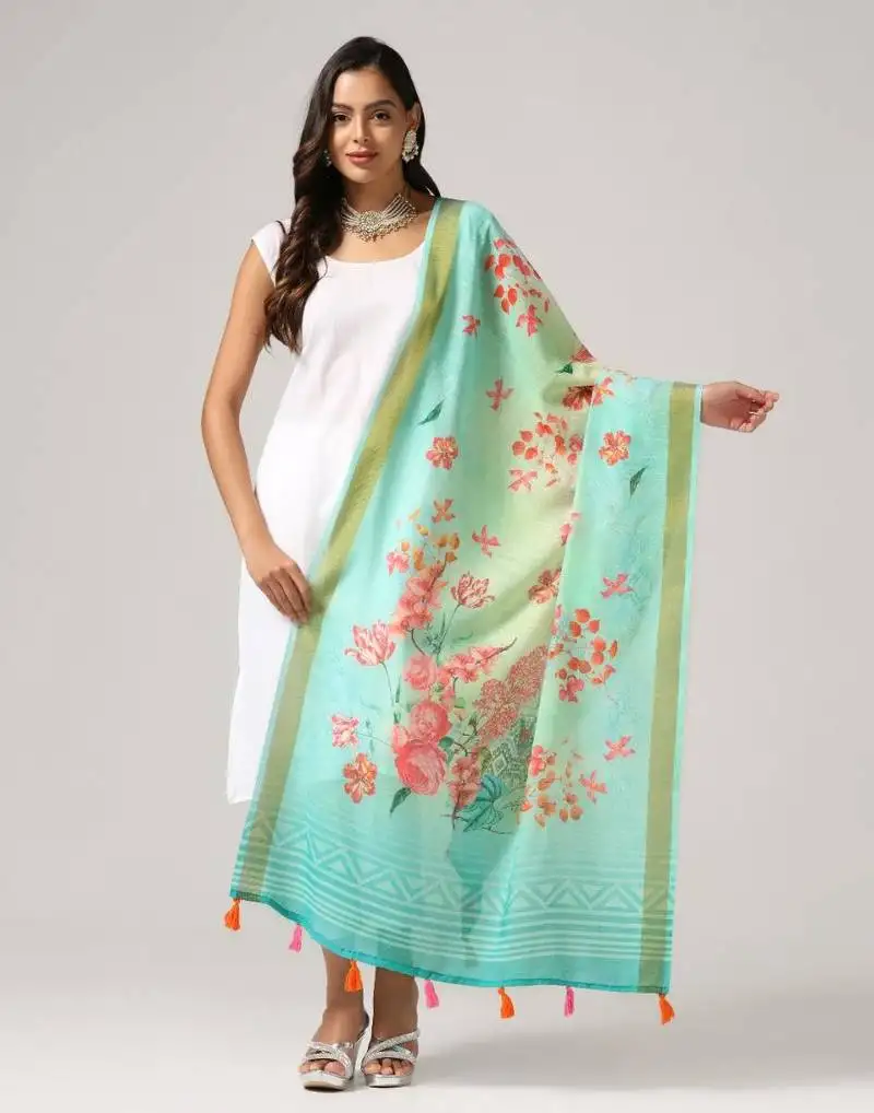 Wevon jari border designer with digital printed blue linen dupatta
