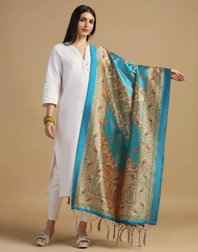 Sky blue assam silk designer digital printed ceremonial dupatta
