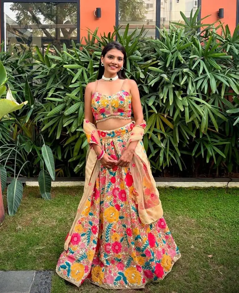 Multicolor thread and sequins embroidered georgette lehenga choli dupatta