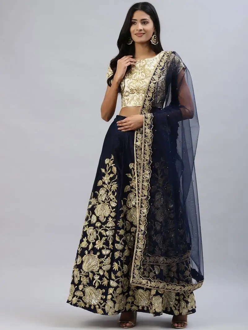 Navy blue zari sequins embroidered velvet lehenga choli