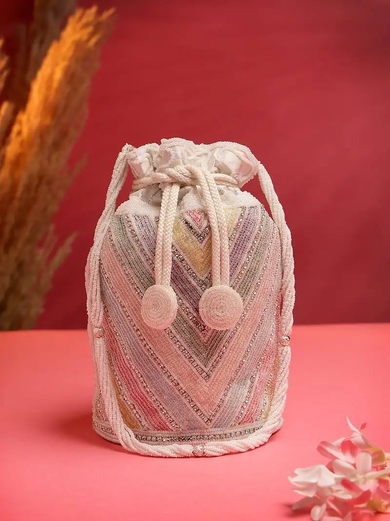 Dangle white & pastel multi chevron embellished faux silk potli