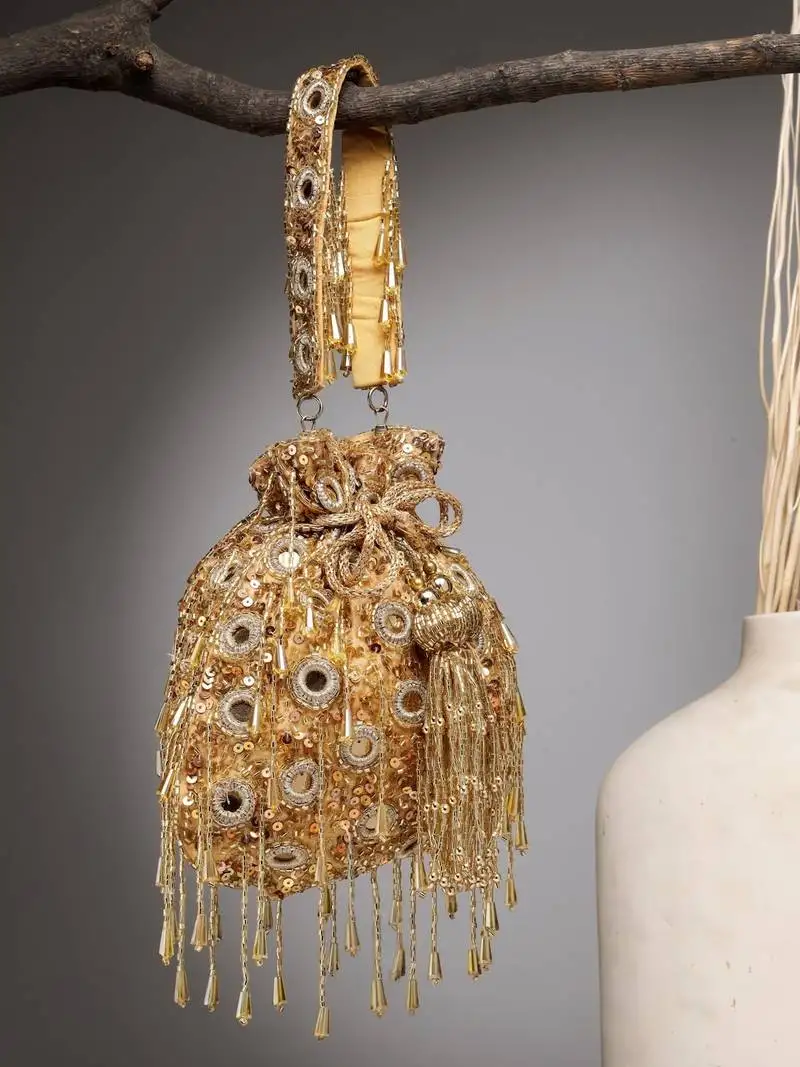 Droop champagne mirror work quirky embellished faux silk potli