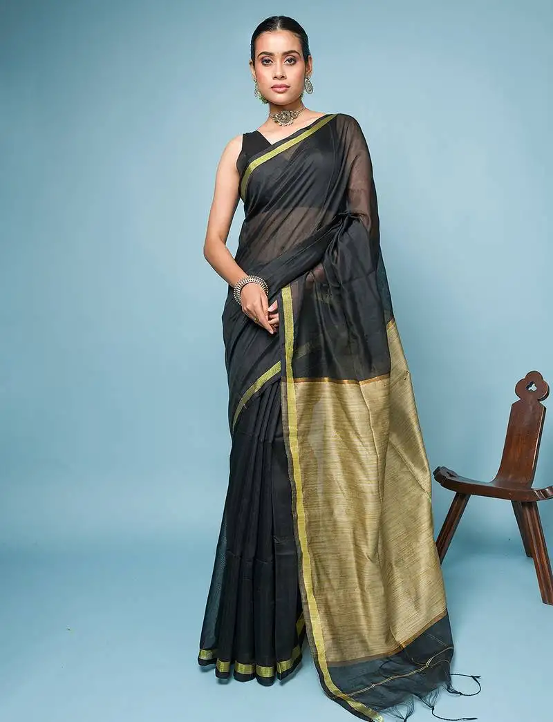 Black blended cotton saree with golden border