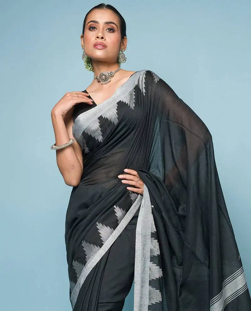 Black mixed cotton saree with silver temple border
