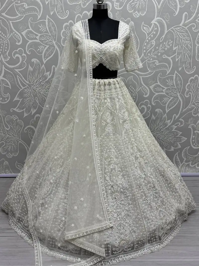 White pearl work net monochrome lehenga choli with dupatta