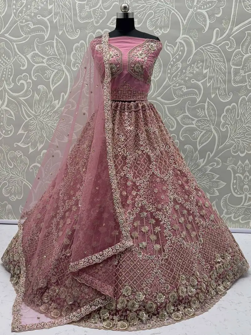 Glamorous rose pink net zari embroidered bridesmaids lehenga choli
