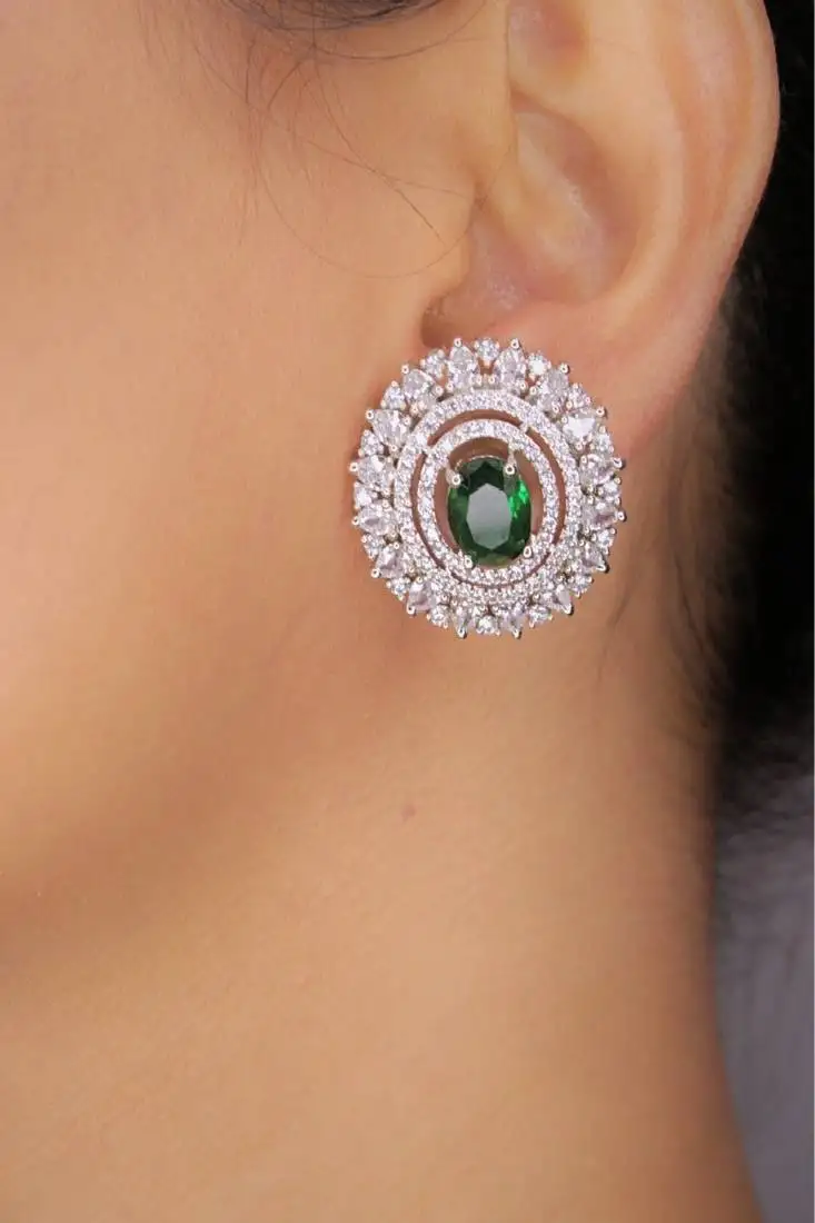 Green rhodium plated emerald green synthetic stone zircon stud earrings