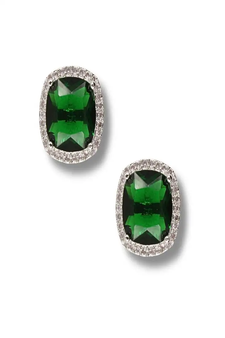 Green rhodium-plated ad studded green synthetic stone stud earrings