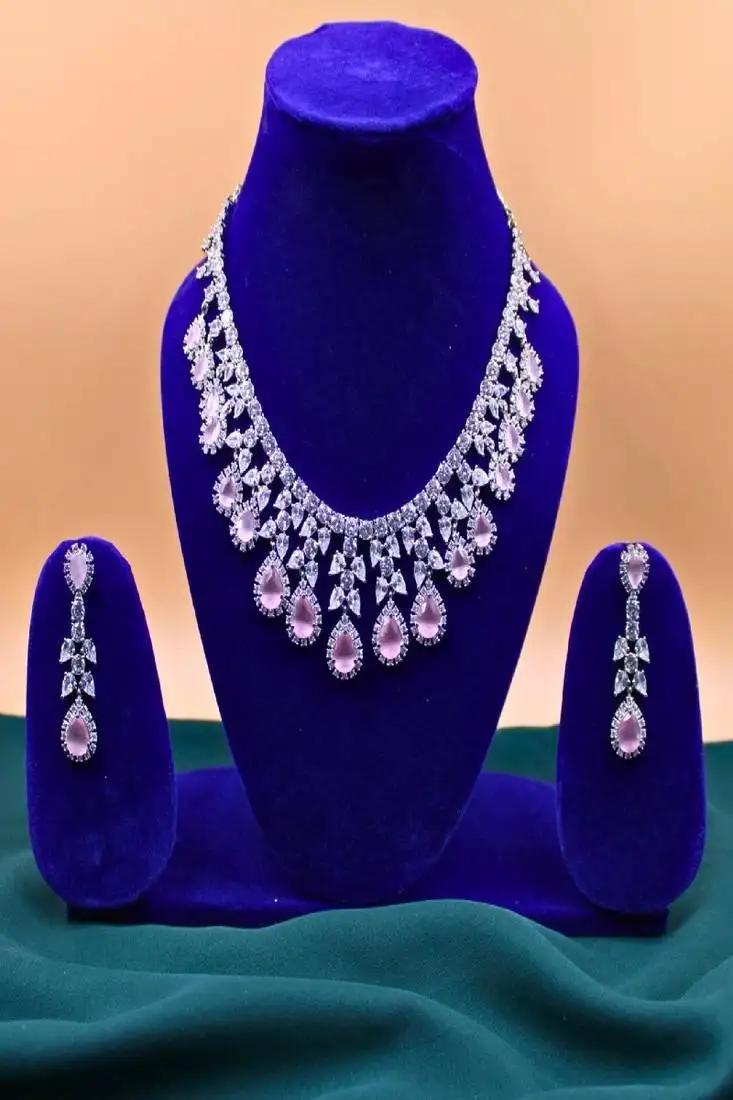 Pink rhodium plated pink synthetic stone zircon short necklace set