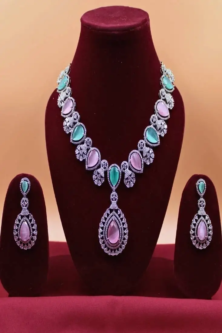 Green rhodium plated multicolour synthetic stone zircon pendant short necklace set