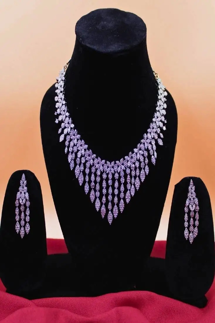 Silver rhodium-plated zircon dangling short necklace set