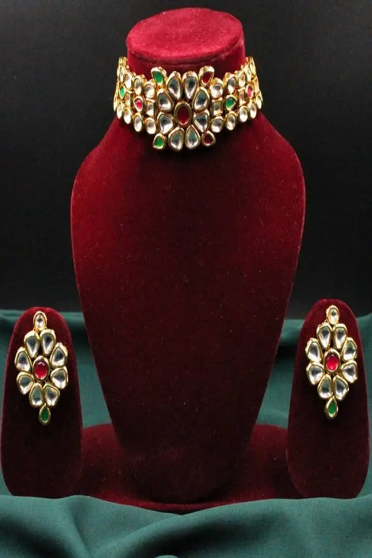 Multicolor gold plated red & green meenakari kundan choker necklace set