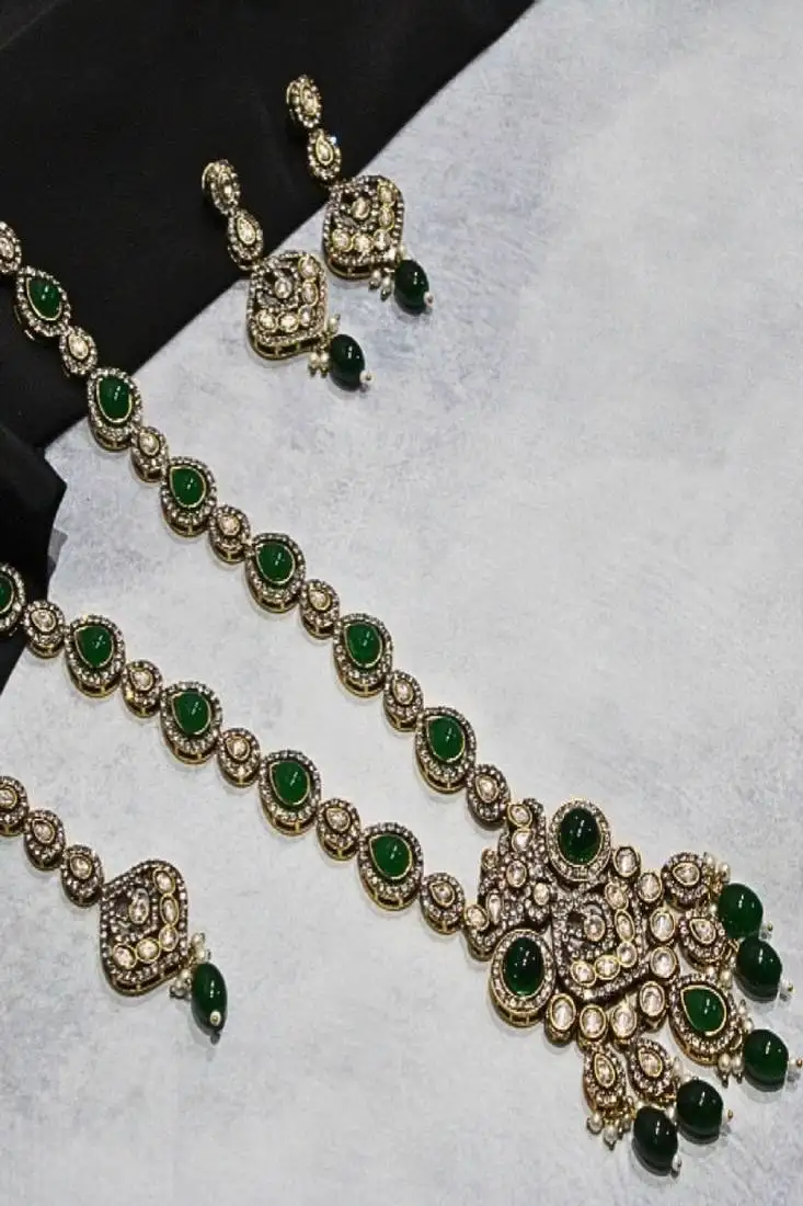 Green gold plated black rhodium moissanite kundan cz green long necklace set with maangtikka