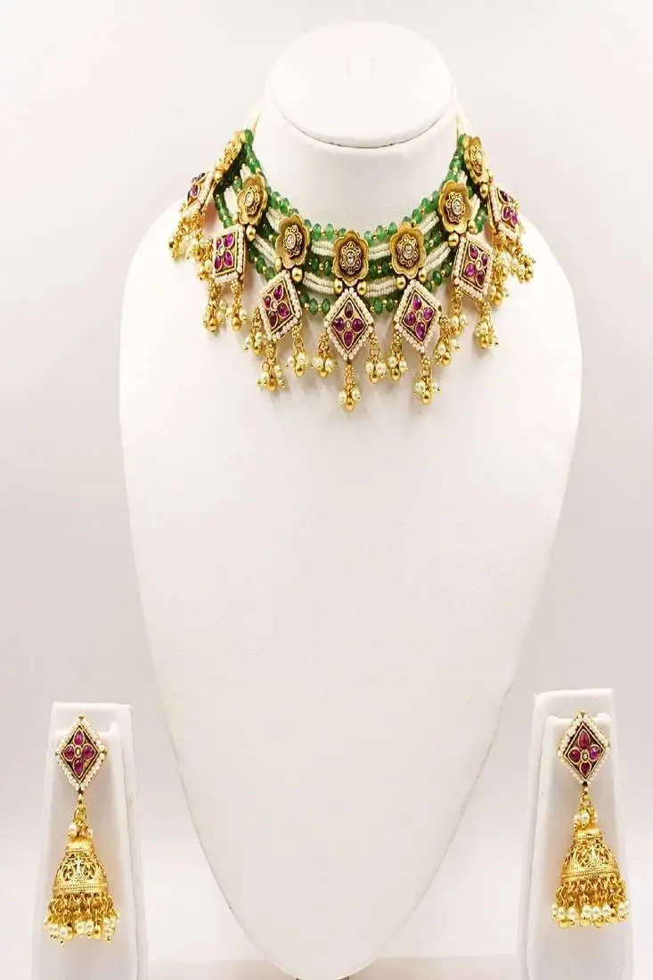 Green gold plated multicolor traditional rajwadi choker necklace set