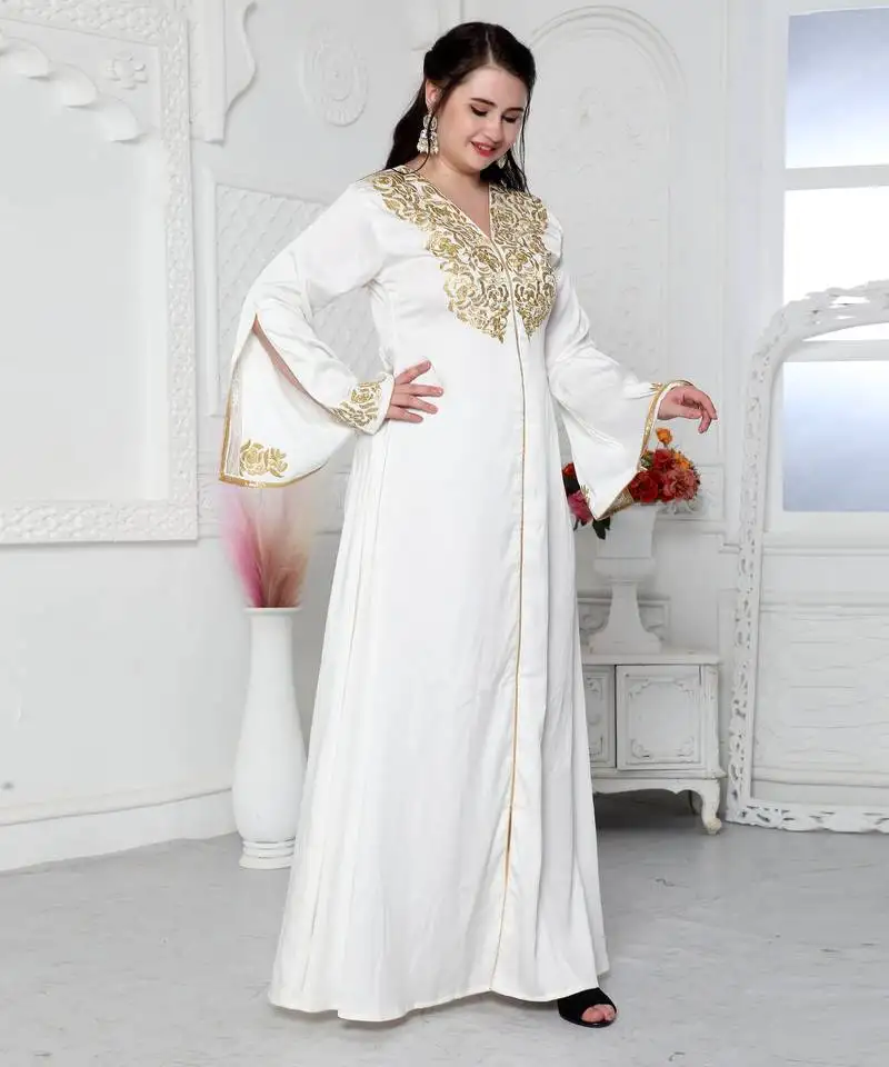 Royal kaftan dress in white with gold threadwork embroidery