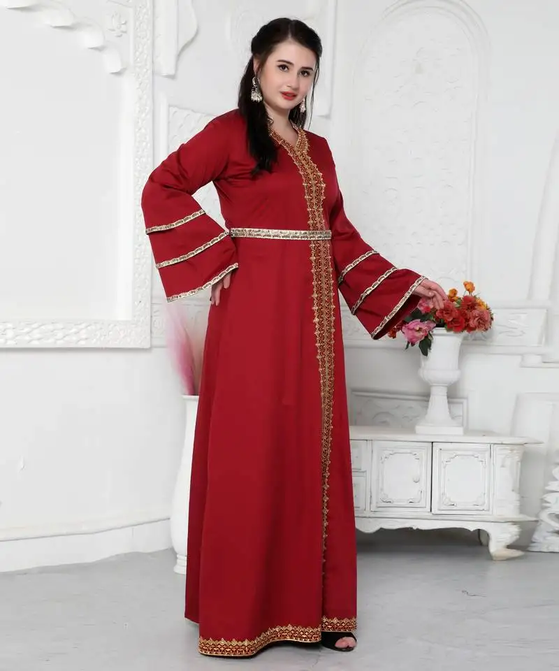 Red jalabiya kaftan with gold embroidery double flaired sleeve