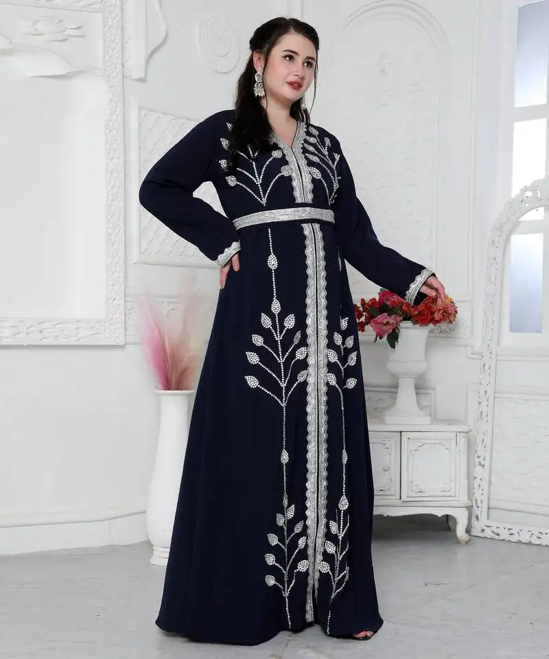 Navy blue kaftan with hand embroidery and cut dana