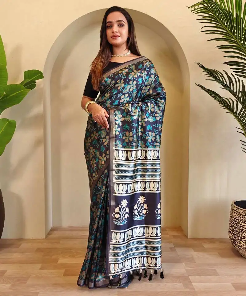 Navyblue aand blue digital print all over pure dola viscose saree