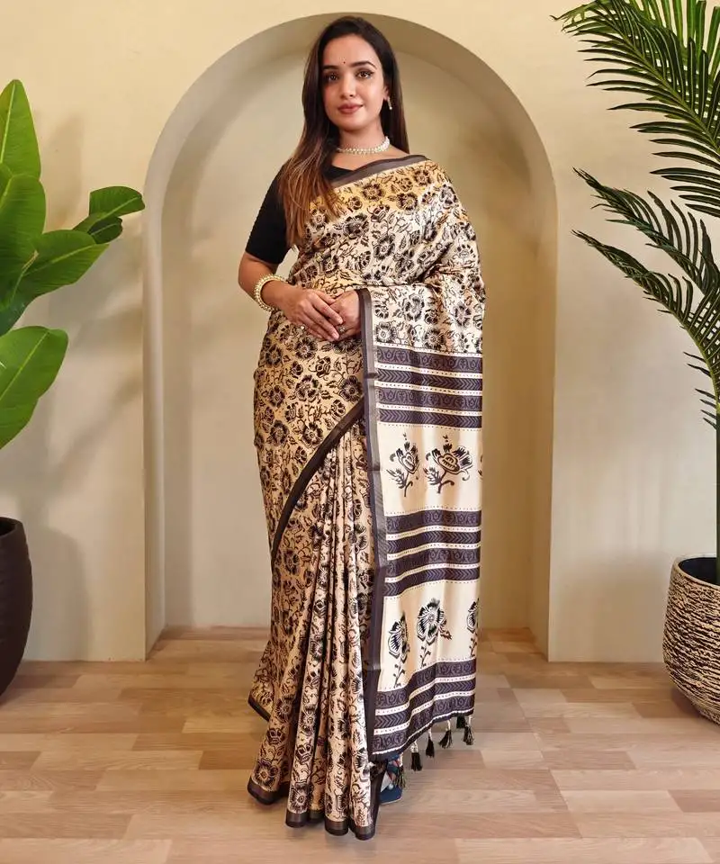 Cream digital print all over pure dola viscose saree