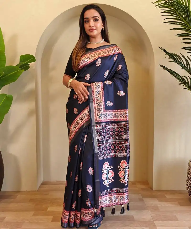 Navy blue digital print all over pure dola viscose saree