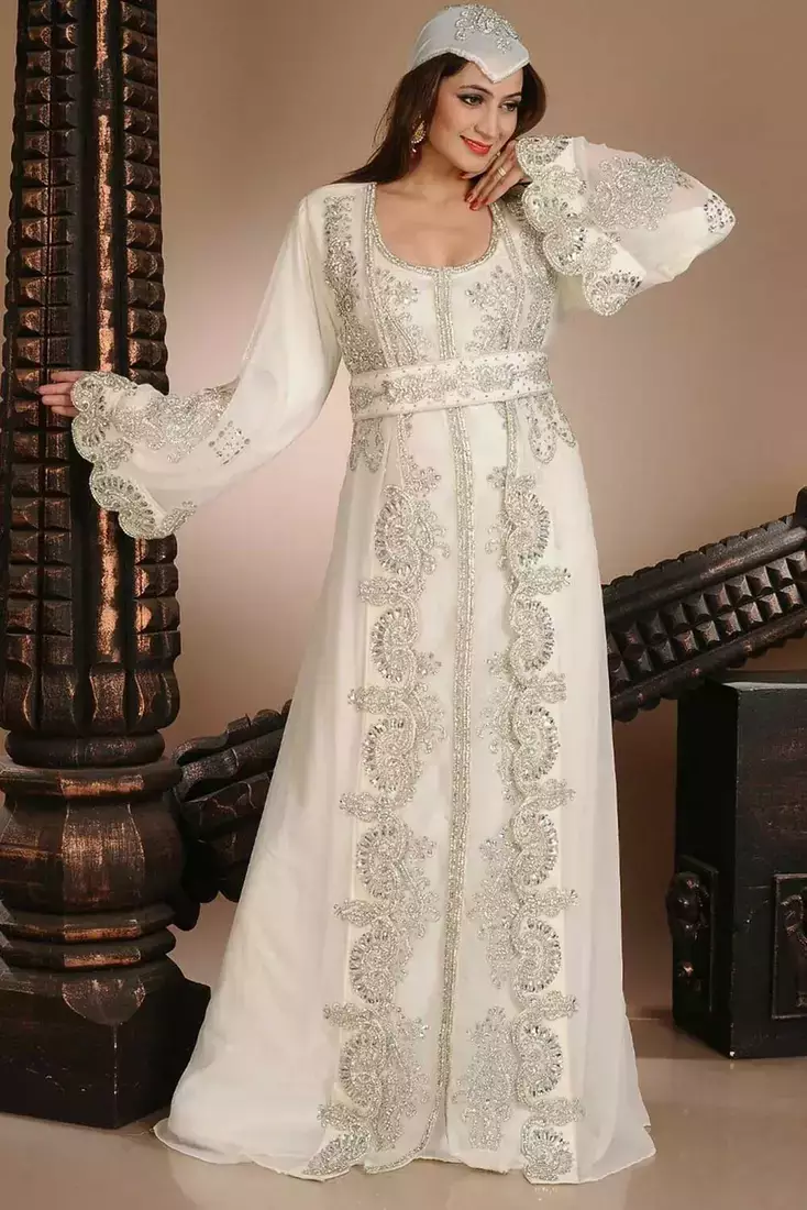 Cream georgette embellished kaftan gown