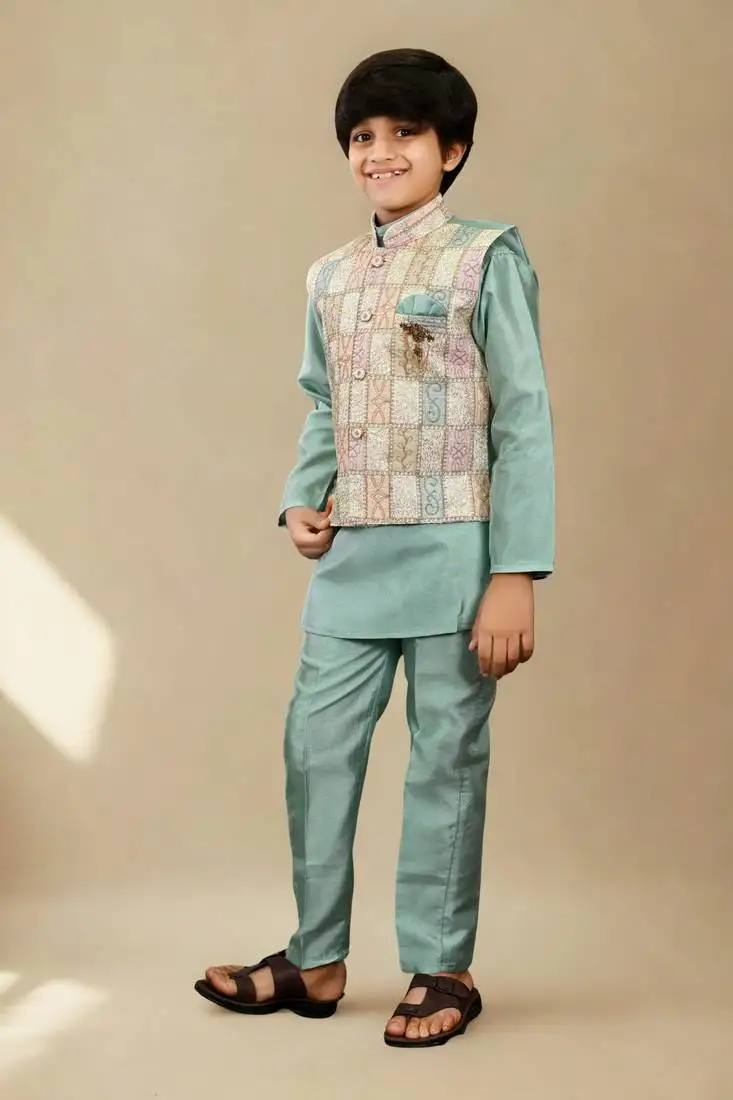 Boys cotton silk geometric patchwork embroidered kurta set- teal blue