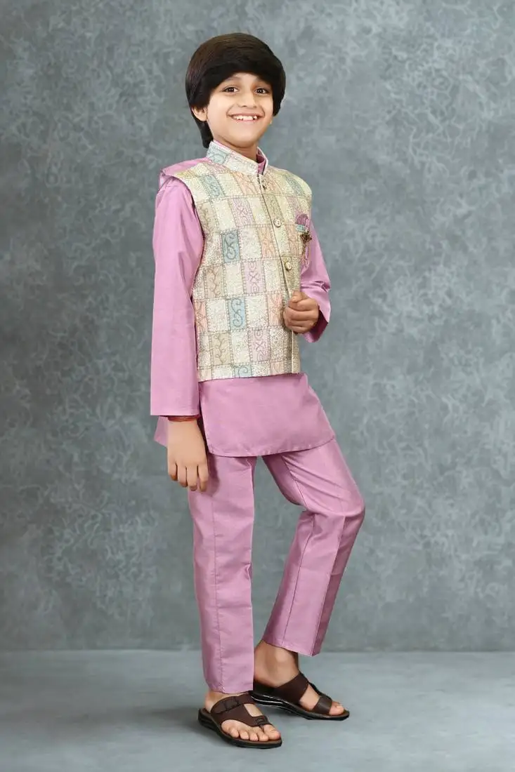 Boys cotton silk geometric patchwork embroidered kurta set- lilac