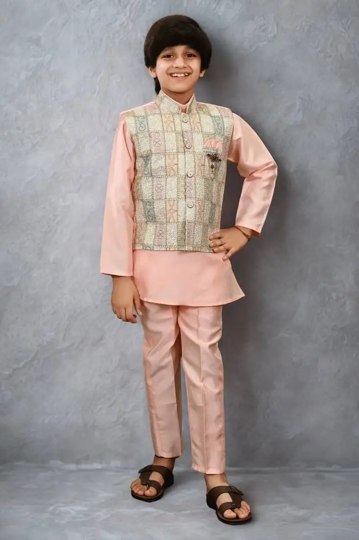 Boys cotton silk geometric patchwork embroidered kurta set- blush peach