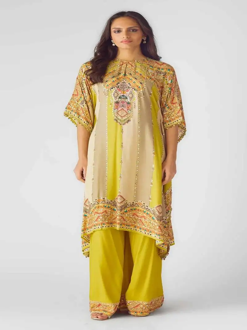 Multicolor sequin embroidered muslin kaftan