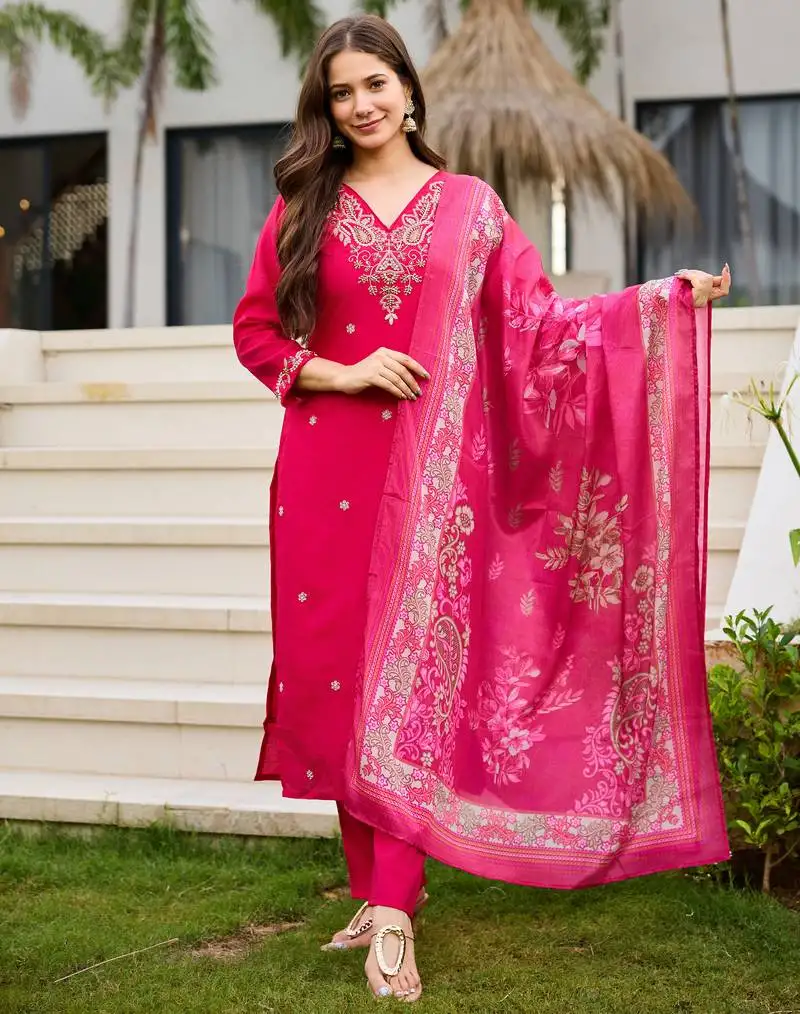 Women pink colour moti embroidered kurta pant dupatta stitched