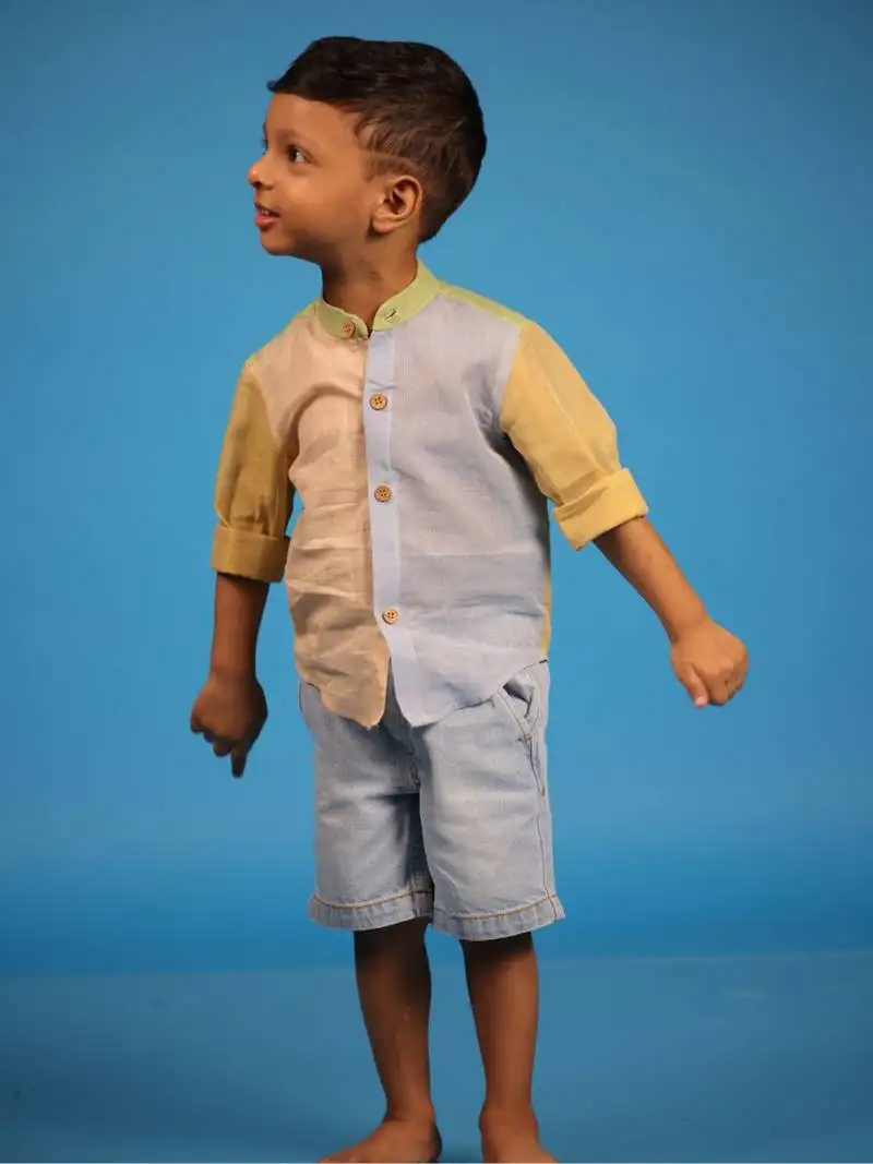 Blue hand woven cotton shirt with green and pink hues for kids