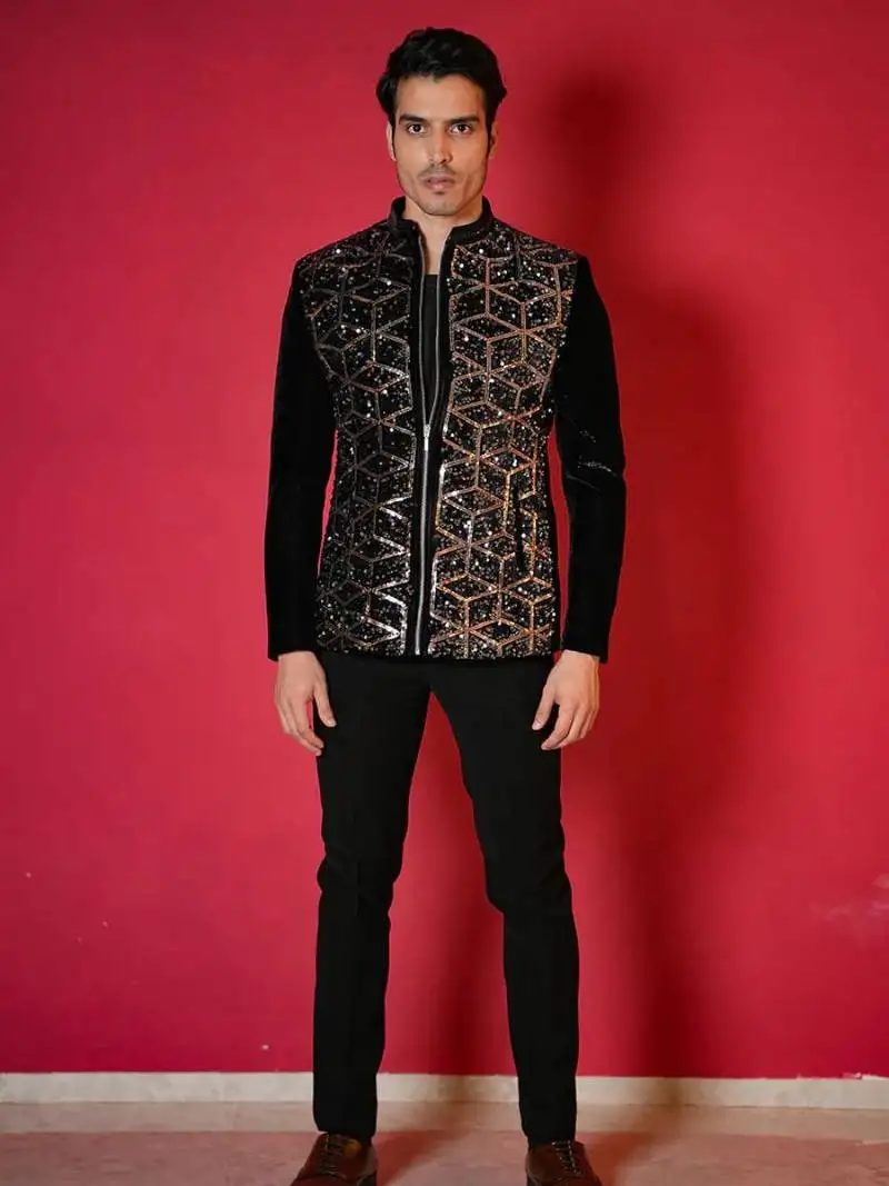 Black velvet bomber jacket with golden geometic sequins embroidery