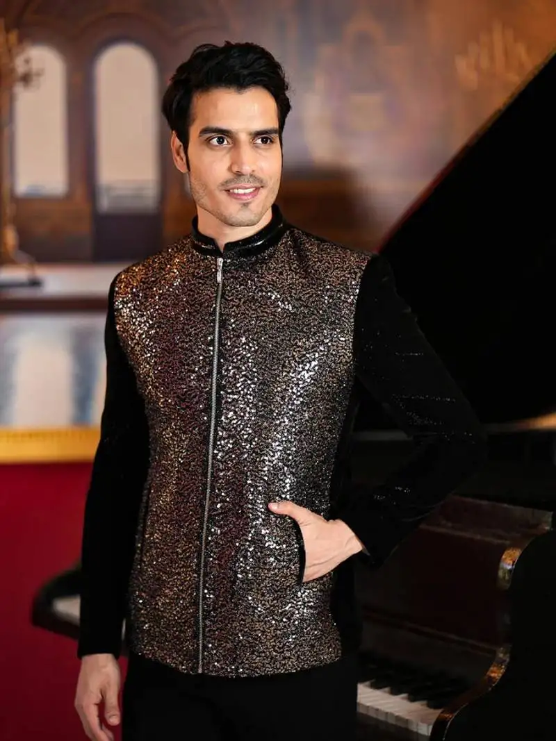 Black velvet bomber jacket with copper sequins embroidery