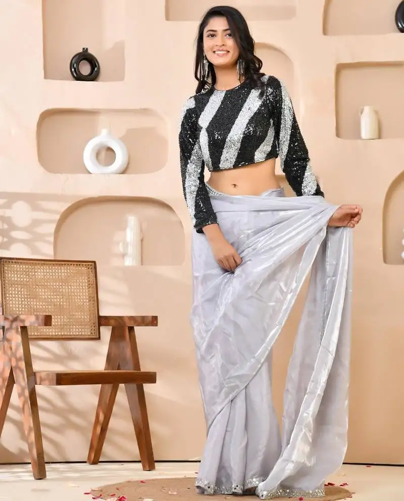 Amodini designer studio silver & black cutdana sequined padded blouse