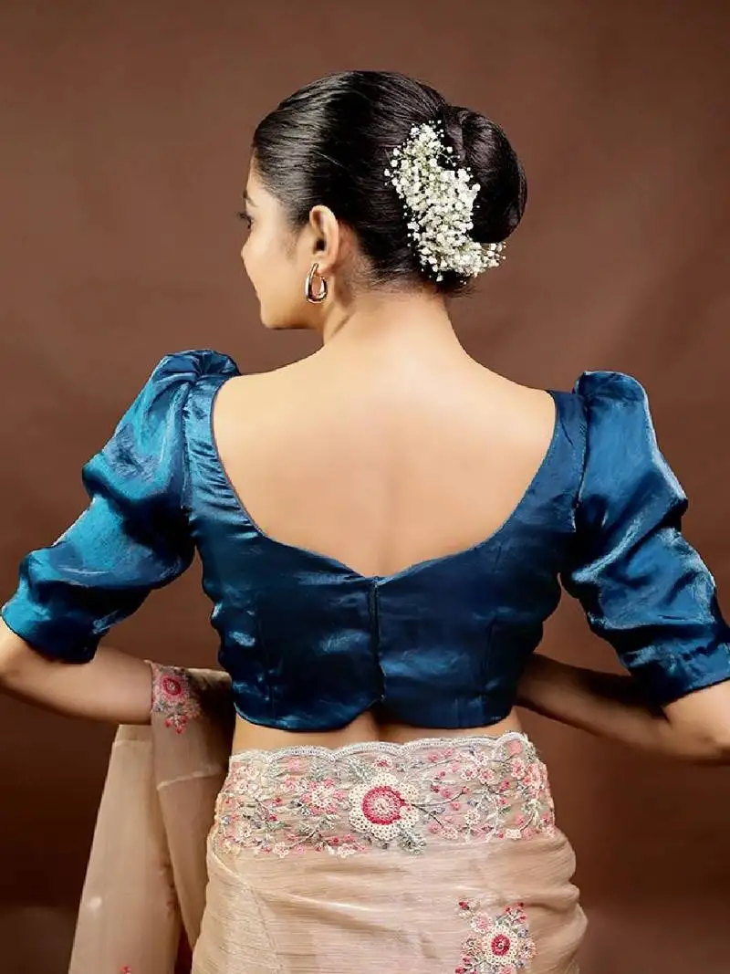 Teal green tissue designer blouse