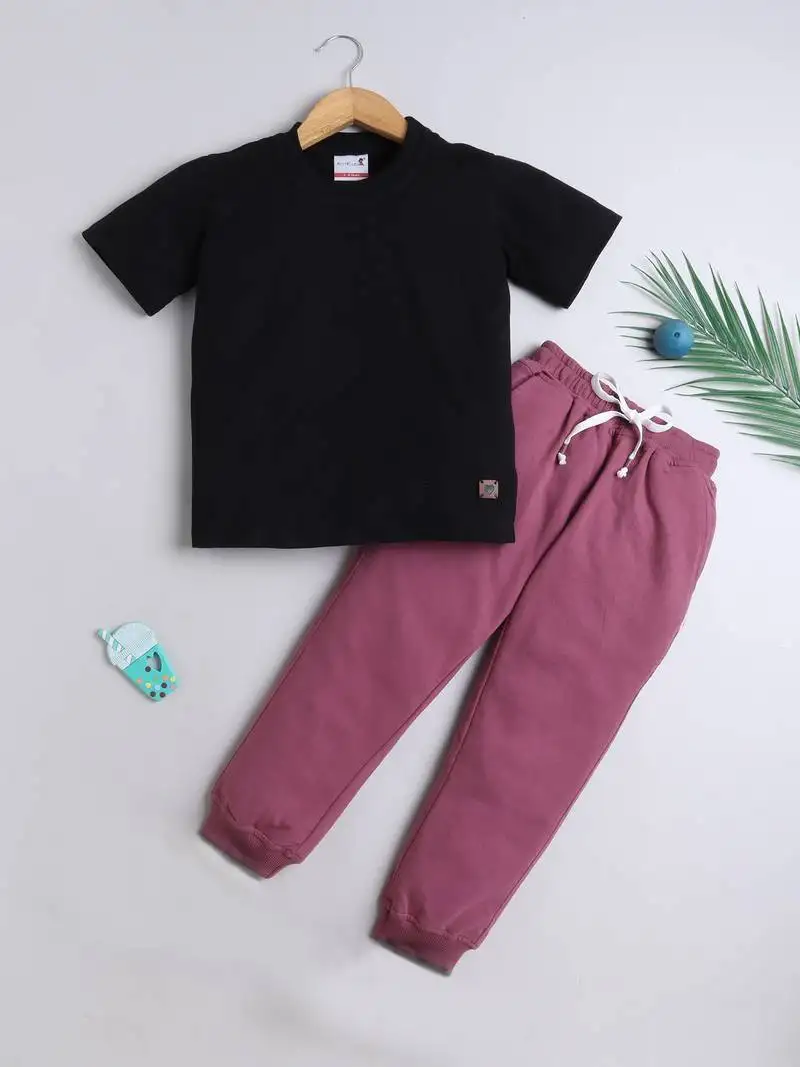 Black and purple knitted half sleeves and full lenght t shirt and jogger for girls and boys
