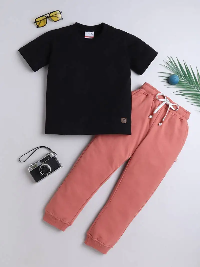 Black and peach knitted half sleeves and full lenght t shirt and jogger for girls and boys