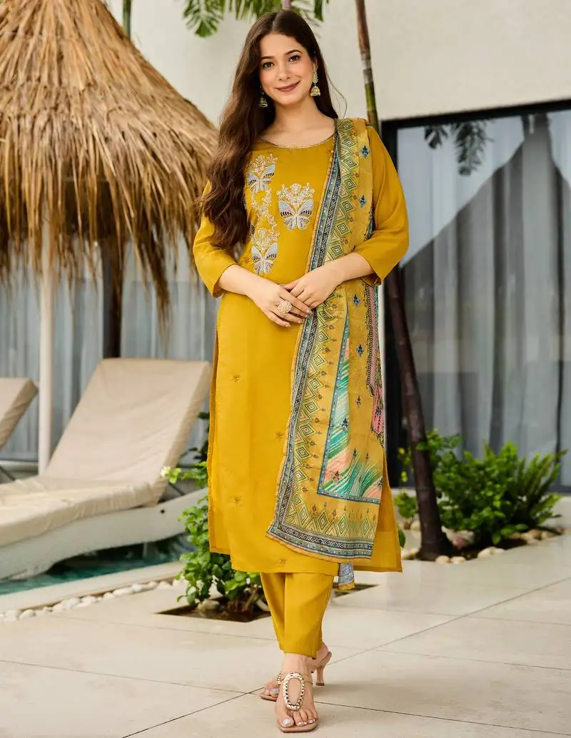 Women yellow colour butterfly embroidered kurta pant dupatta set stitched