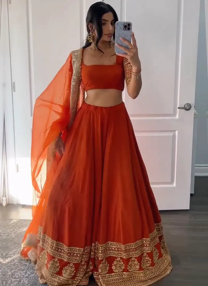 Orange georgette zari sequin embroidered lehenga choli