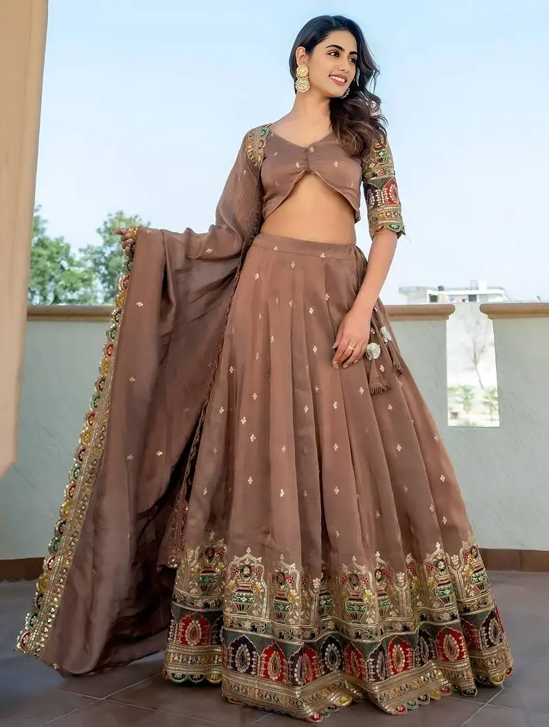 Stunning beige silk sequins party wear lehenga choli with dupatta