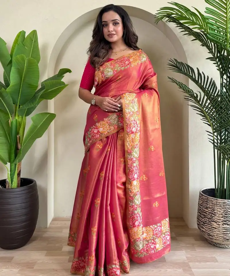 Pink jacquard zari weaving tissue saree