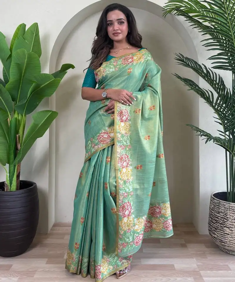 Sea green jacquard zari weaving tissue saree