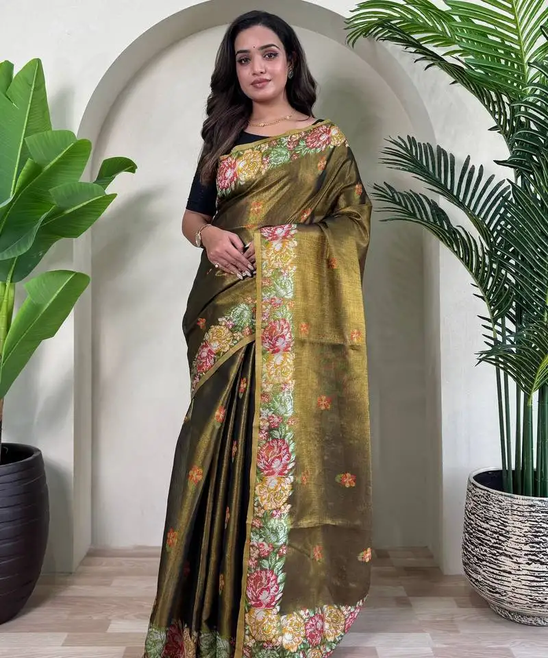 Mehndi zari weaving tissue silk saree